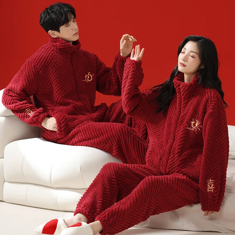 High Quality Winter Couple Pajamas Set Women Men Pyjamas Korean Home Suits Flannel Sleepwear