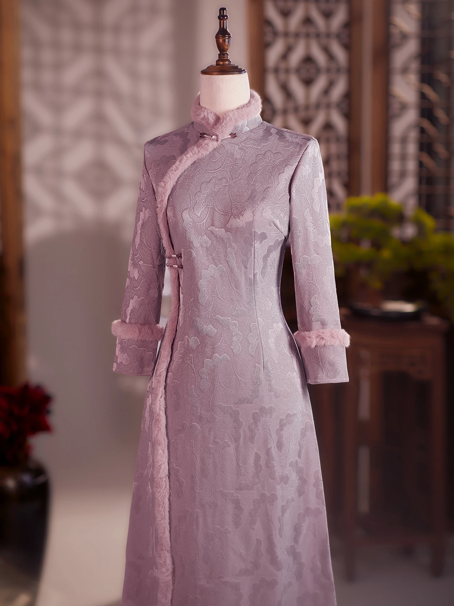 

Purple Velvet Warmth Fce Lined Wedding Dr Collar Coat Chinese Mid-Length Vintage Sle Women's Winter Faion