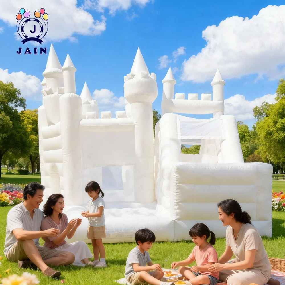 6M Custom White Inflatable Castle Bounce House with Slide & Ball Pit – Kids Party Playground Personalized Name/Pattern