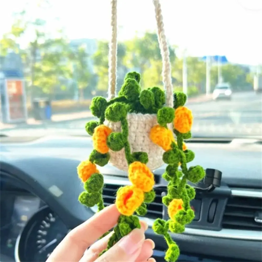 Handmade Car Potted Plants Pendant Simple Auto Basket Hanging Creative Plant Crochet Hanging Ornament