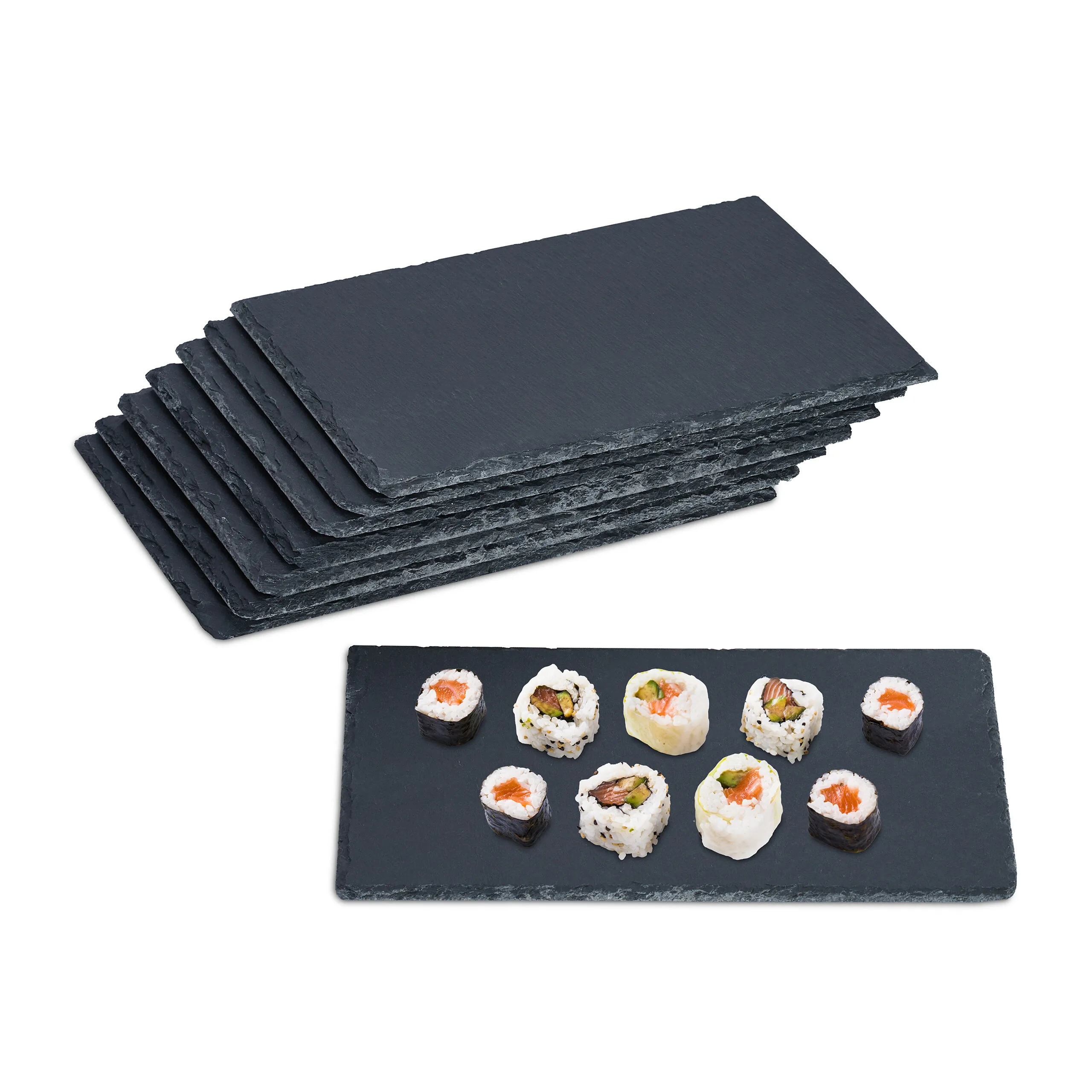 Plats en ardoise, lot de 8, rectangulaires, pour fromage, sushi et desserts, 26 x 16 cm, anthracite, inscriptibles, avec patins, Relaxdays