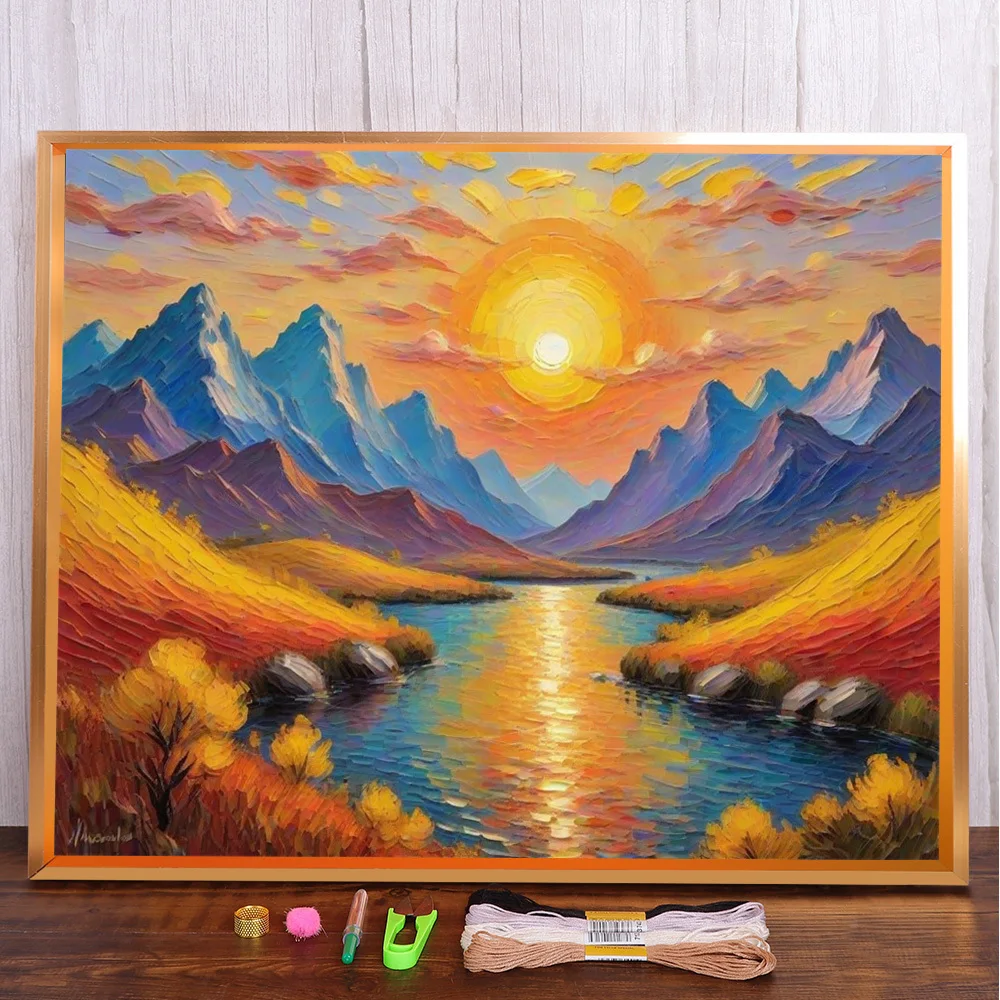 

Landscape Sunset River Printed Canvas Cross-Stitch Embroidery Set Sewing Handicraft Handmade Knitting Mulina Sales Stamped