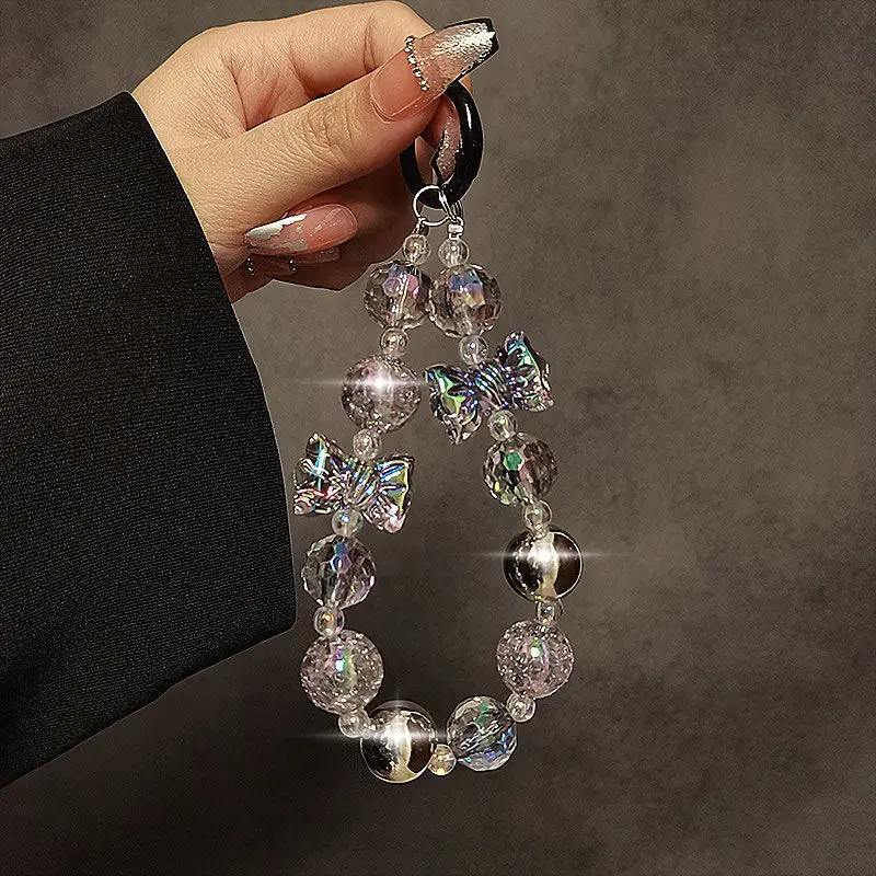 

Advanced Black Gray Candy Crystal Bow Bead Handmade Mobile Phone Lanyard Suitable for Phone Case Wrist Chain Universal Version