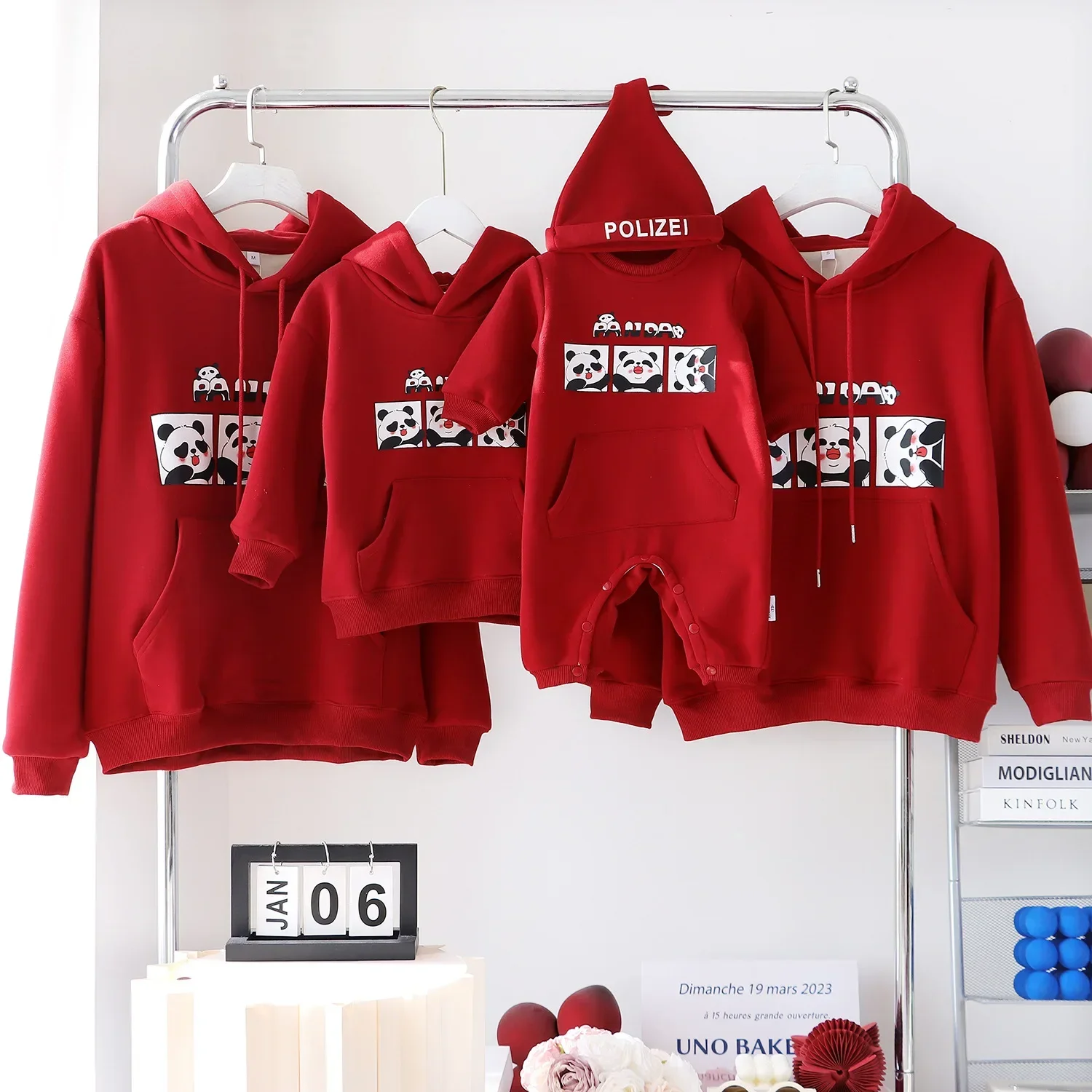 Family Thick Warm Panda Print Clothes Mom Children Matching Hoodies Dad and Daughter Son Same Red Hooded Sweatshirts Baby Romper