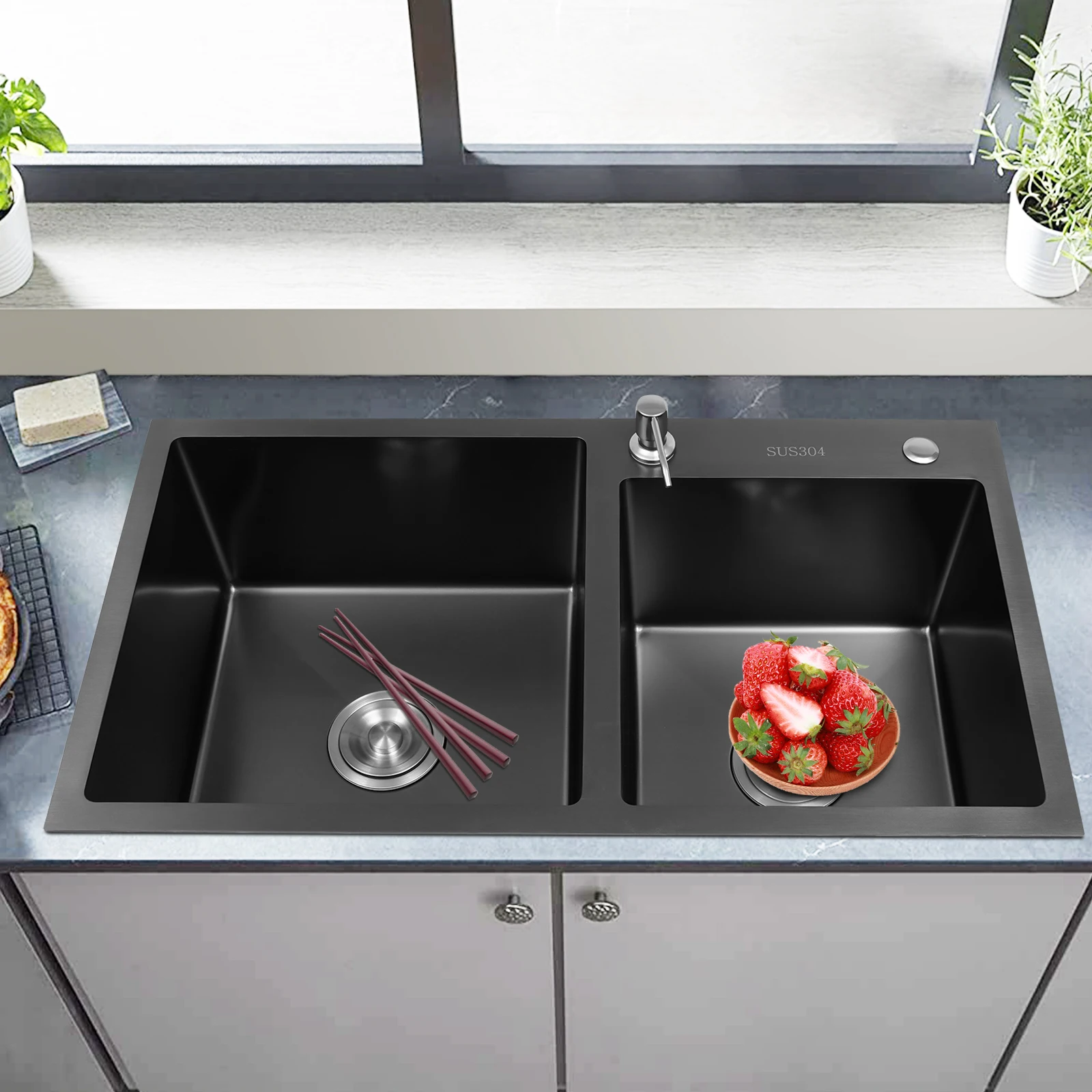 Double Kitchen Sink, 304 Stainless Steel Sink, Black Built-in Sink, 2 Basins, Rectangular Sink with Draining Board