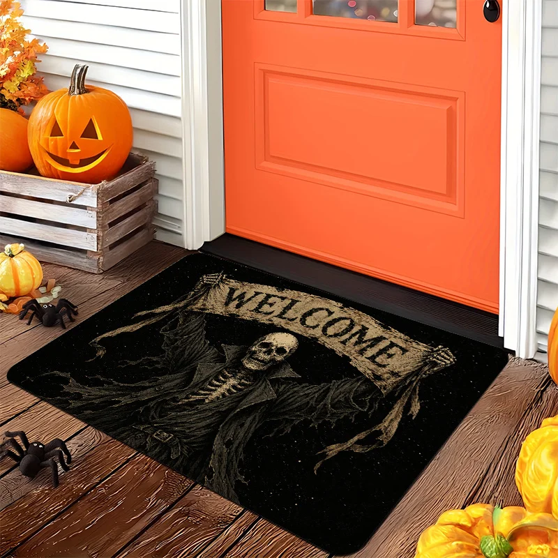 Skeleton Welcome Banner Horror Mat Vintage Scroll Text Print Non Slip Indoor Entrance Rug For Gothic Style Living Room Decor
