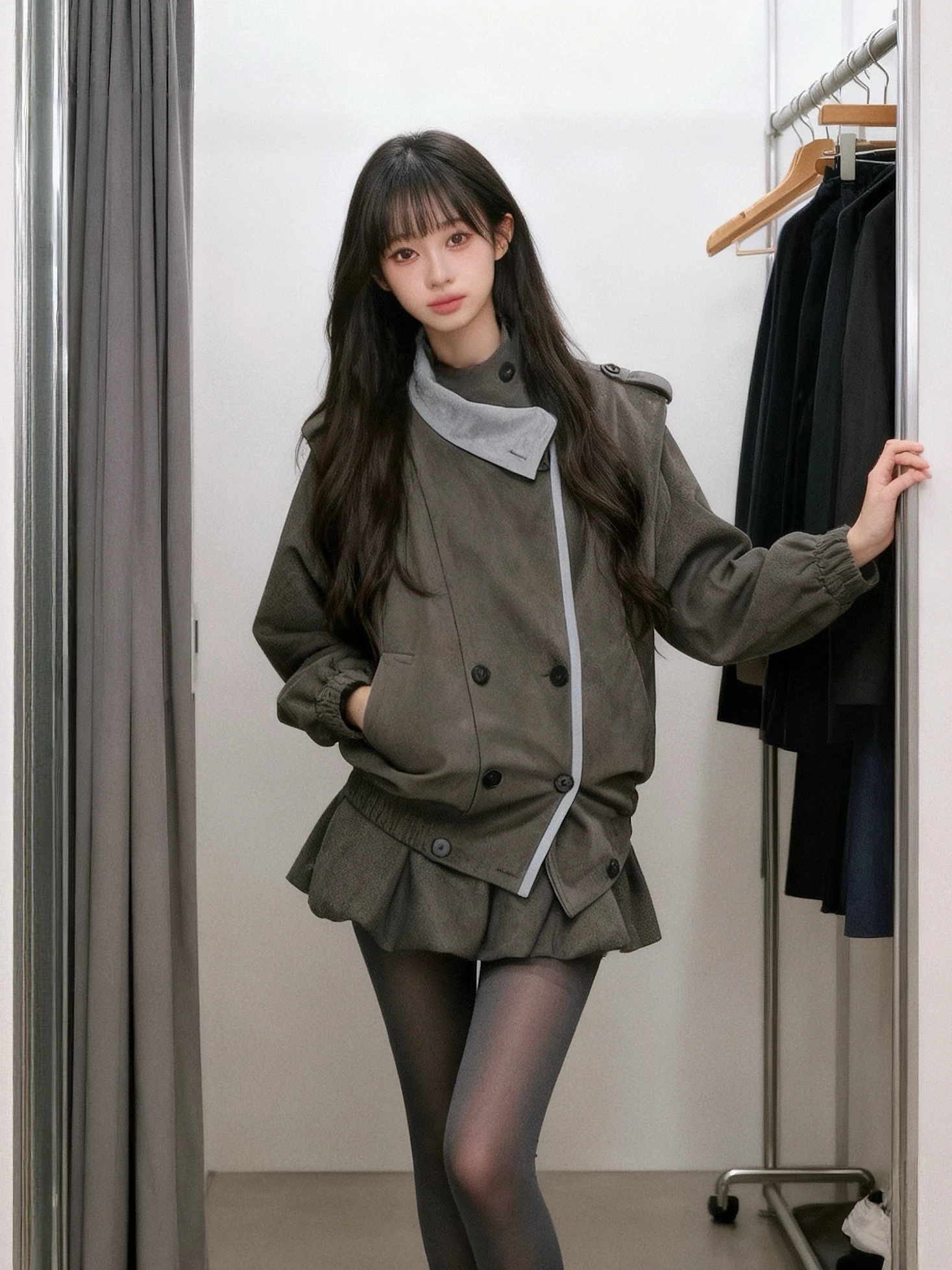 

ay Double-Breasted Retro Set Women's Autumn Winter Design Sensation f-length Skirt Puff Sve Two-Piece Suit