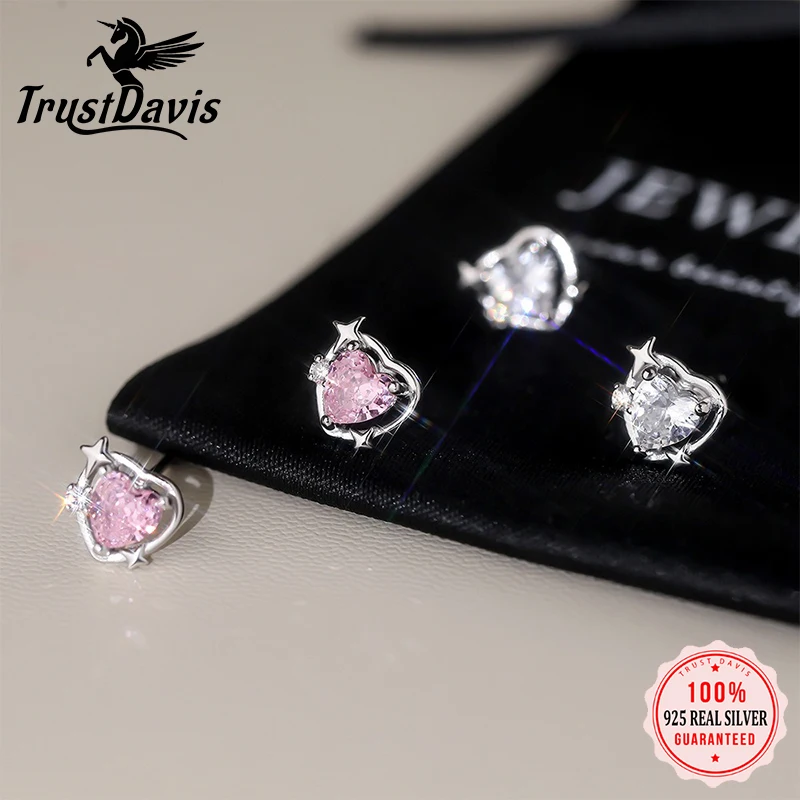 TrustDavis Real 925 Sterling Silver Heart Shaped Earrings Four-pointed Star Heart Zircon Earrings for Women Gift Jewelry DS4205