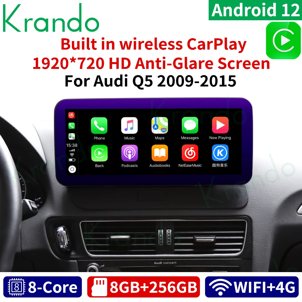 

Krando Android 12.0 12.3 Inch Wireless Carplay Car Radio For Audi Q5 SQ5 2009 - 2015 Autoradio Navigation GPS HD Screen 4G SIM