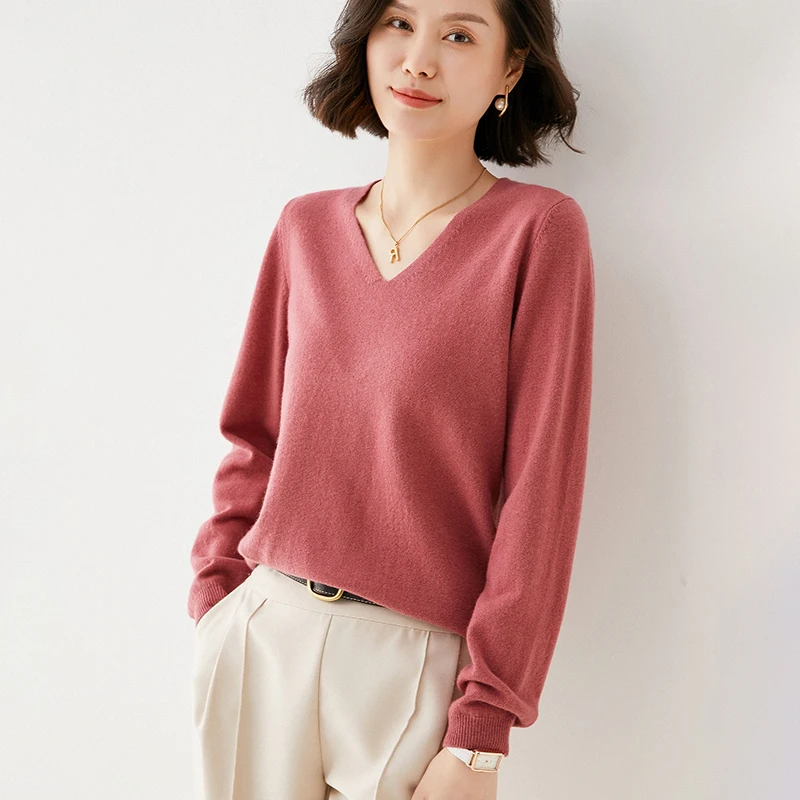 Off-Season Big Sale Autumn And Winter Women\'s 100% Pure Wool V-Neck Loose Pullover Sweater Basic Style All-Match Knitted Sweater