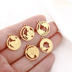 5Pcs Round Hollow Engrave Zodiac Signs Pendants Stainless Steel Twelve Constellation Charms DIY Necklace Bracelet Jewelry Making