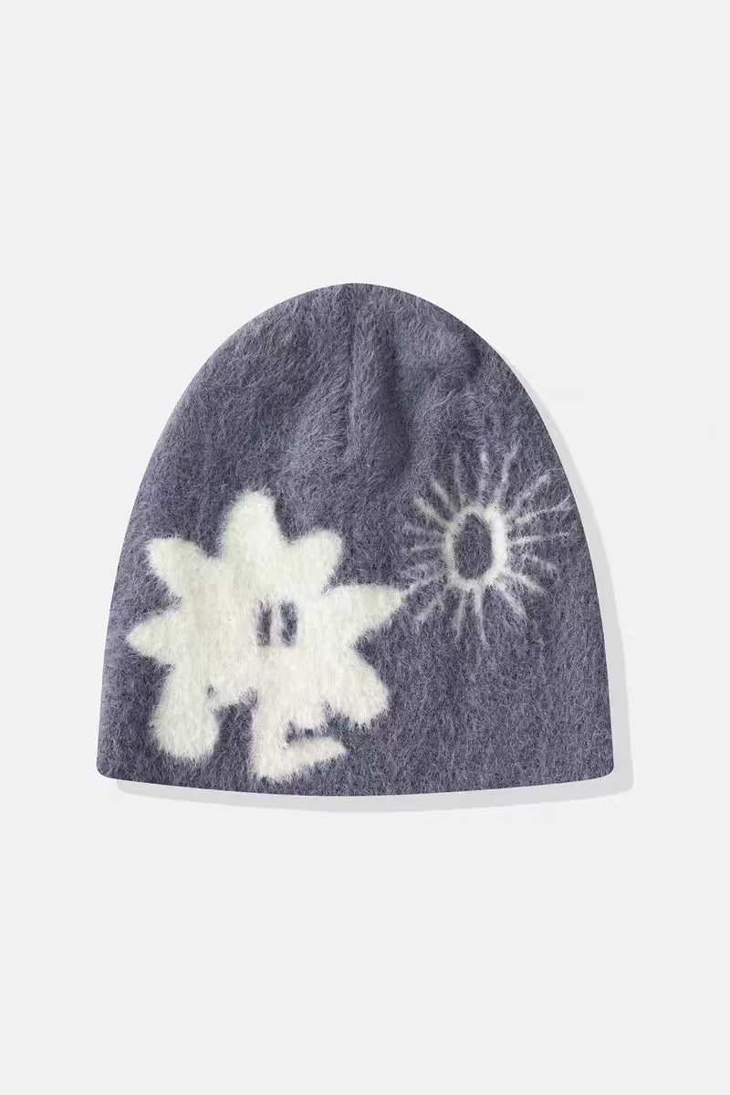 

Cute Yerisunlove Nylon Knitted Hat with Embroidery Fluffy Winter Cap round Top No Brim Casual Sle for Young People to Wear out