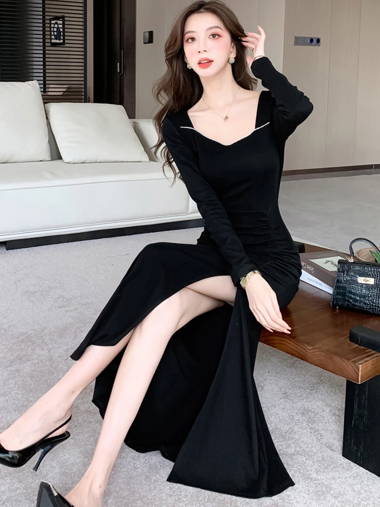 秋冬黒長袖スクエアカラードレス女性プリーツボディコンスリットセクシードレス2025韓国ヴィンテージヘップバーンプロムドレス