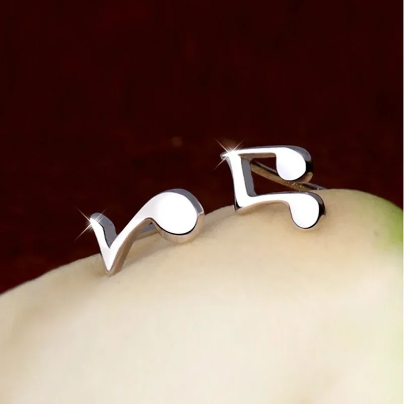 Real 925 Sterling Silver Women's Jewelry Fashion Small Music Note Stud Earrings Wedding Party Gift For Girls Kid Lady Women