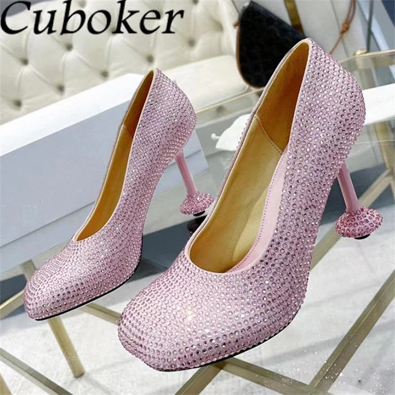 

2024 Summer Shining Pink Crystal Pumps Women Square Toe Full Rhinestone Single Shoes Fashion Runway Party High Heel Shoes Female
