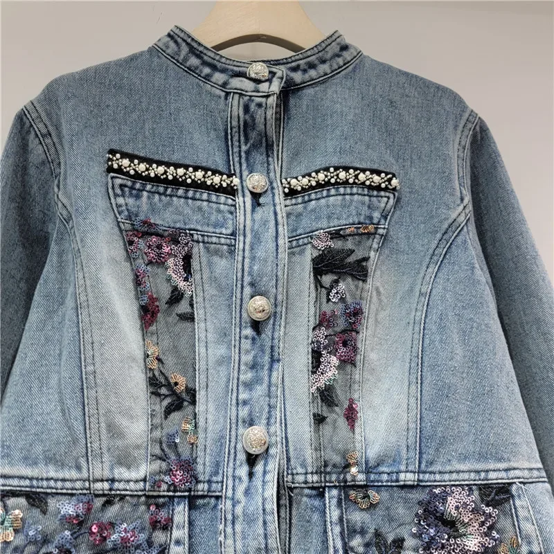 Herbst Vintage Spitze Pailletten Blumen Blau Kurze Jeans Jacke Frauen Stehen Kragen Einreiher Langarm Weibliche Cowboy Outwear
