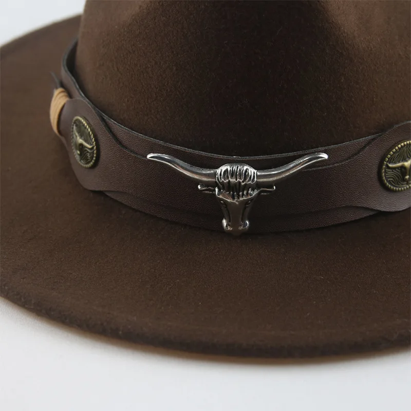 Men's Top Hat Ox Head Belt Fur Felt Hat Autumn And Winter Wide Brim British Tibetan Horse Riding Denim Retro Woolen Hat Jazz