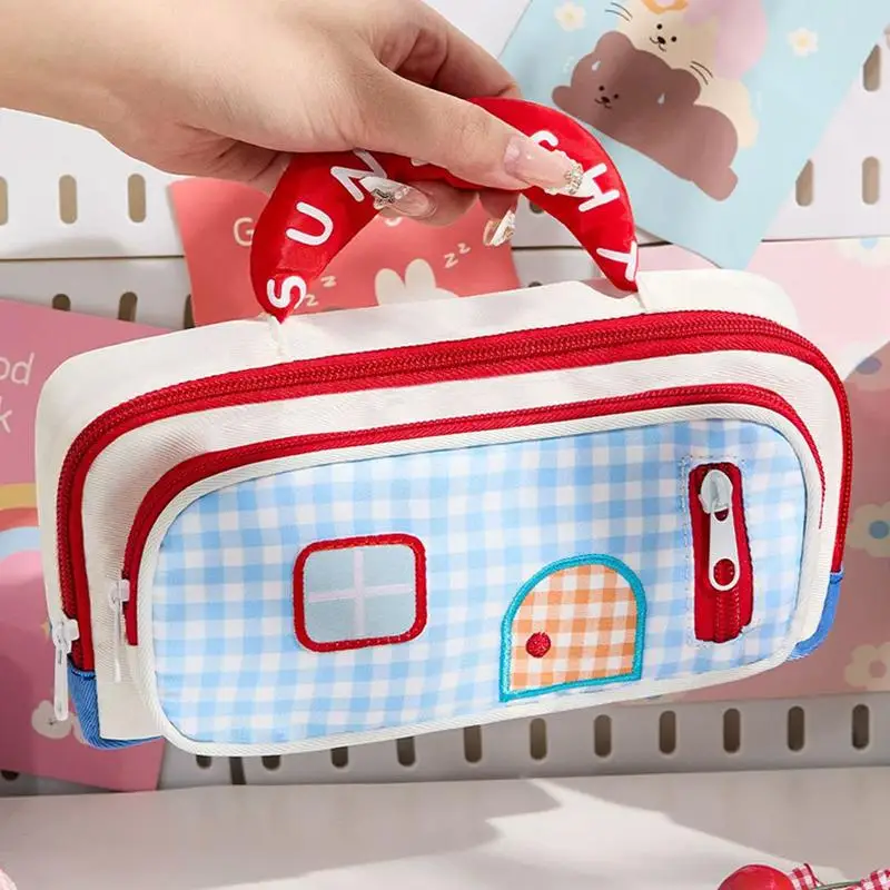Niedliches kleines Haus-Gingham-Federmäppchen mit großer Kapazität und verstärktem Griff für den täglichen Gebrauch von Schülern und Kindern in der Schule. – Detail 13