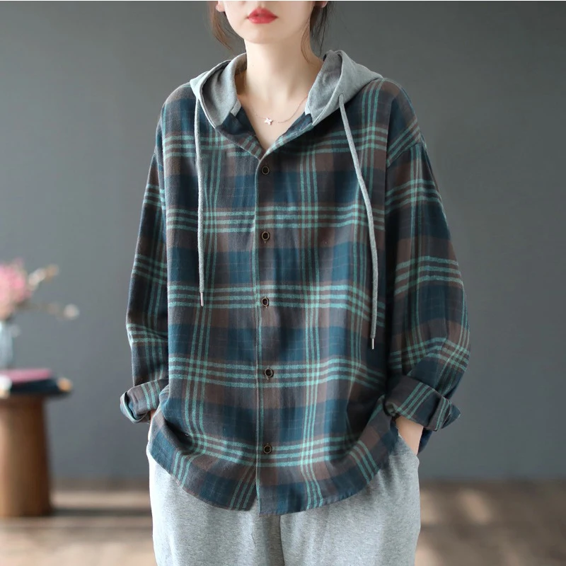 Retro Plaid Loose Long Sleeve Fleece Lined Hooded Shirt Jacket Women's Casual Outerwear Button Detail Regular Fit Autumn Coat
