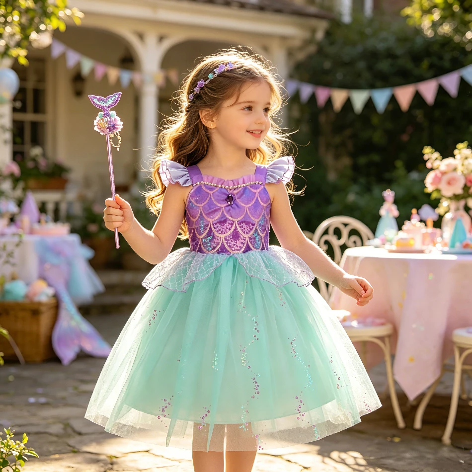 

Little Mermaid Princess Dress Set 2026 Summer Child School Kids' Dresses and Suits Baby Girls Birthday Party Carnival Outfits