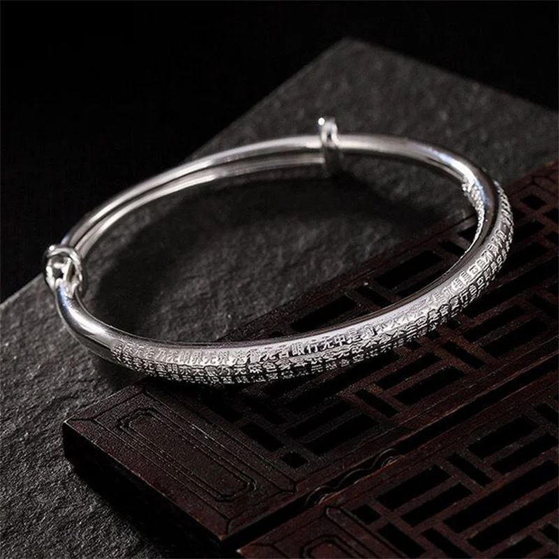 999 Sterling Silver Thin Tube Push Pull Adjustable Bangle for Men Women Outer Engraved Heart Sutra Buddhist Scripture Polished U