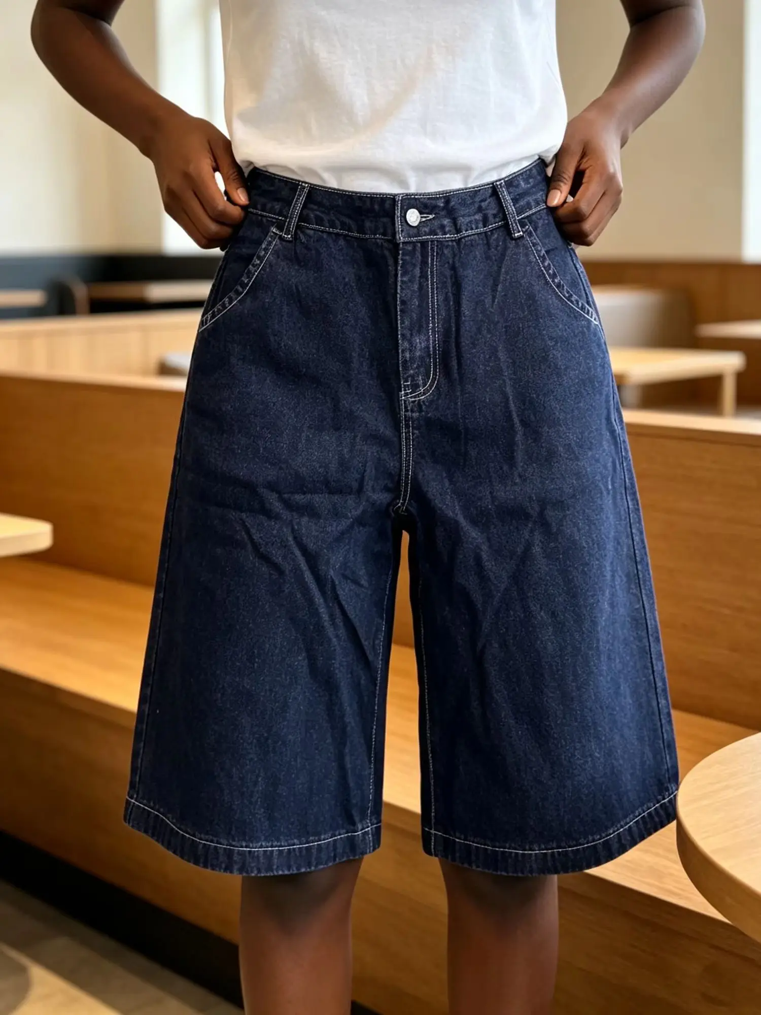 Women's Summer Dark Blue Denim Five Point Shorts American Vintage High Waist Wide Leg Loose Slim Multi Pocket Casual Denim Shorts