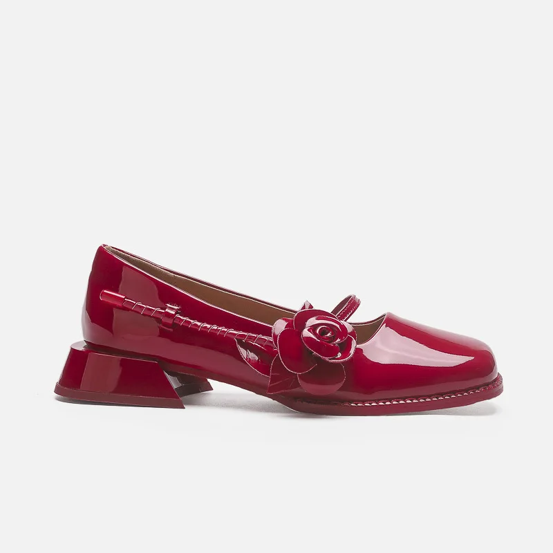 Rose Design Square Head Mary Jane Shoes Retro Women's Single Shoes Patent Leather Thick Heel Wedding Shoes Girl Solid Red Pumps