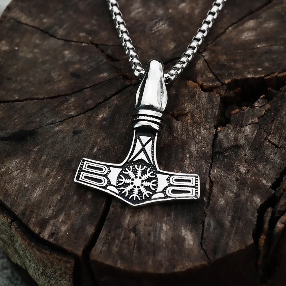 Viking Necklace European and American Vintage Stainless Steel Thor Hammer Men\'s Pendant Punk Personalized Jewelry