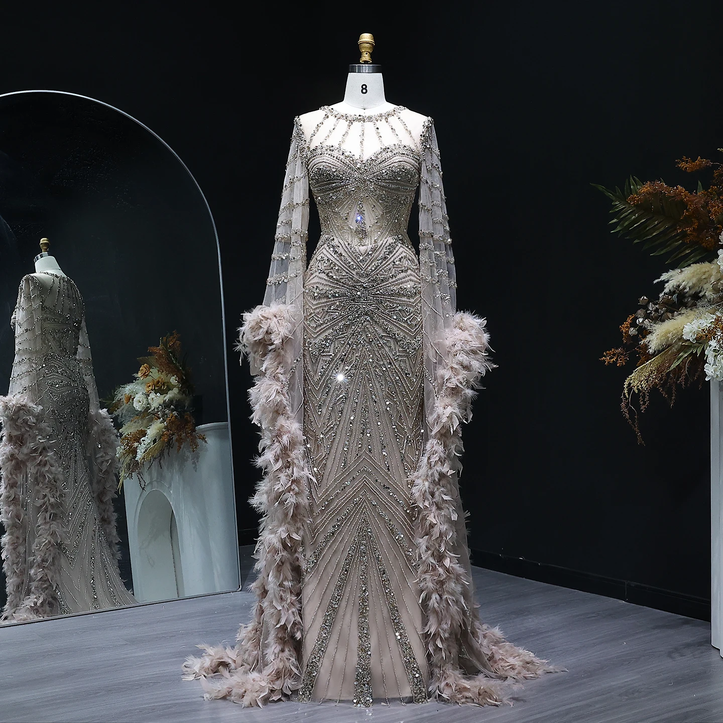 Sharon Said 2025, luxuriöses Meerjungfrau-Abendkleid mit Karamellperlen und Feder-Cape-Ärmeln für formelle Hochzeit, Party SS082, individuell gestaltet
