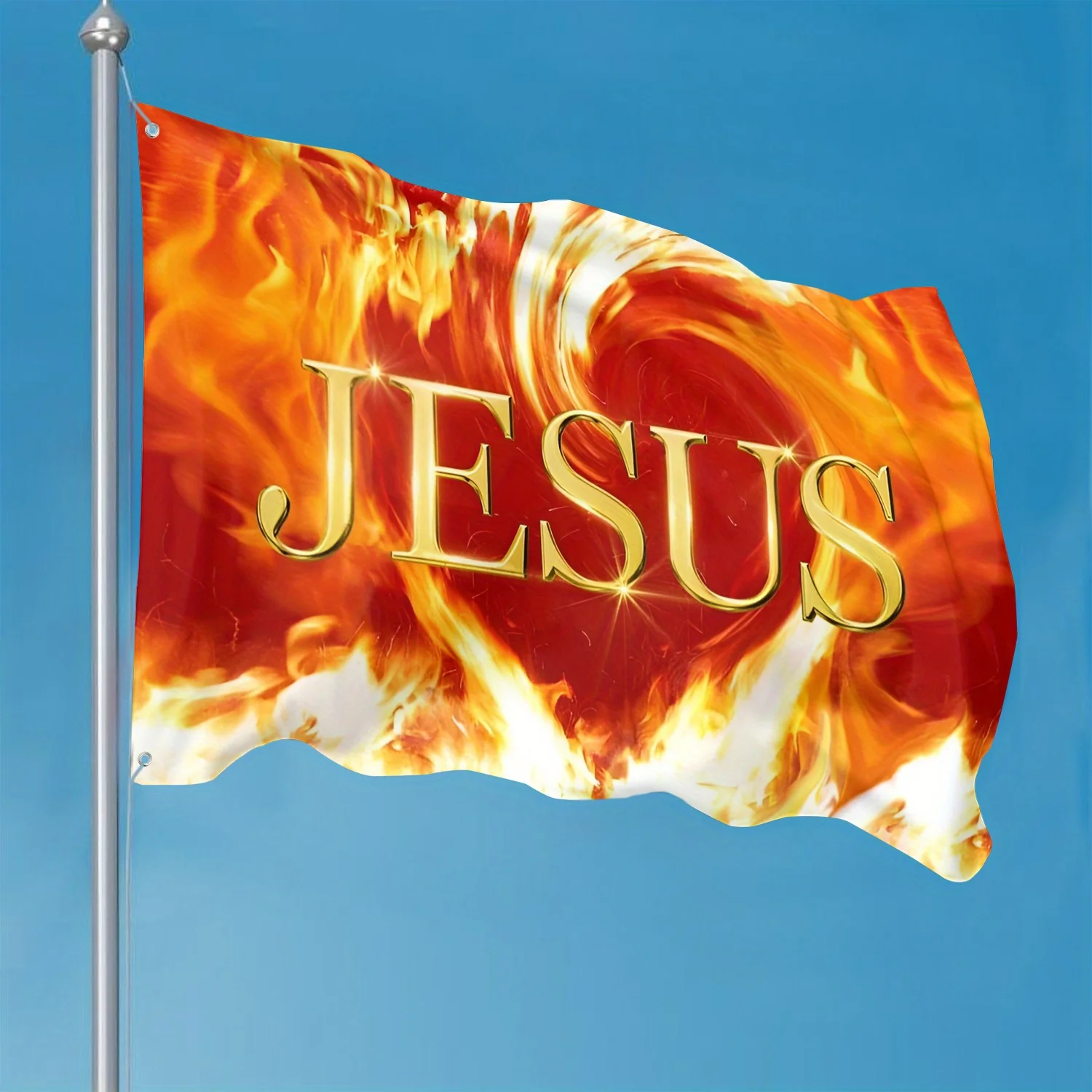 Jesus Flame Church Flag Outdoor Religious Decoration with Golden Lettering Weatherproof Banner for Worship Services Christian
