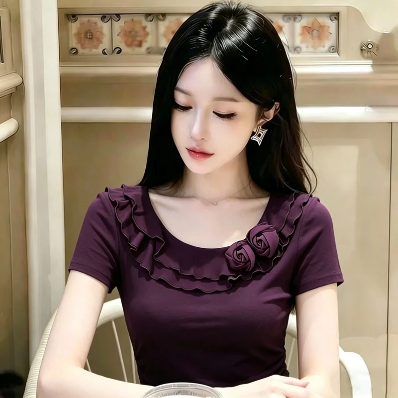 2026 Summer Exquisitely Designed Three-dimensional Decoration T-shirts for Women Short Sleeve Slim Fit and Slimming Elegant Tops