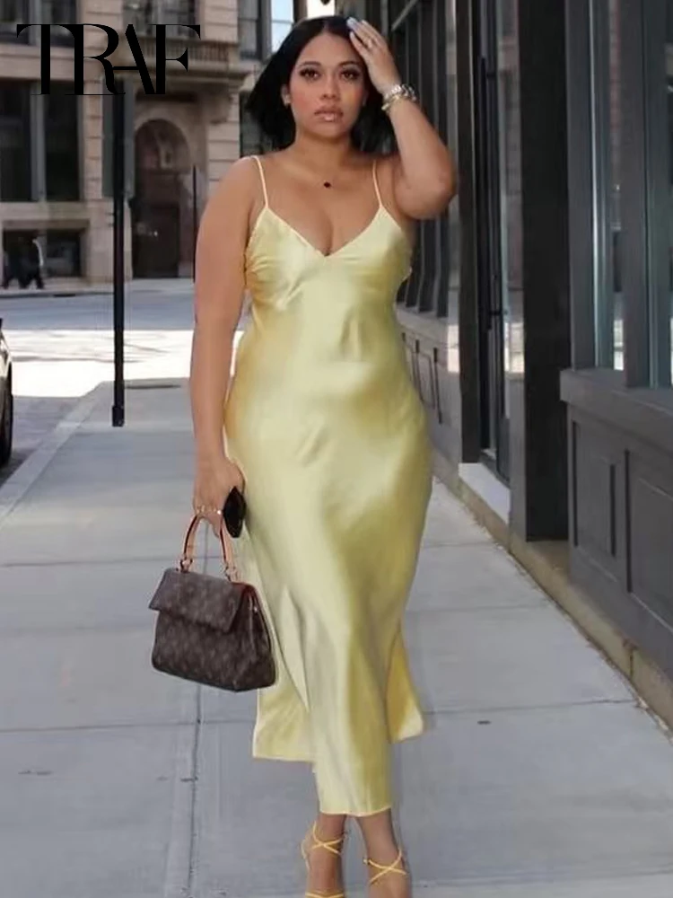 HXAO femmes robe jaune Slip Satin robes longues été 2025 femme Sexy Midi col en V profond dos nu robe robe robes de soirée
