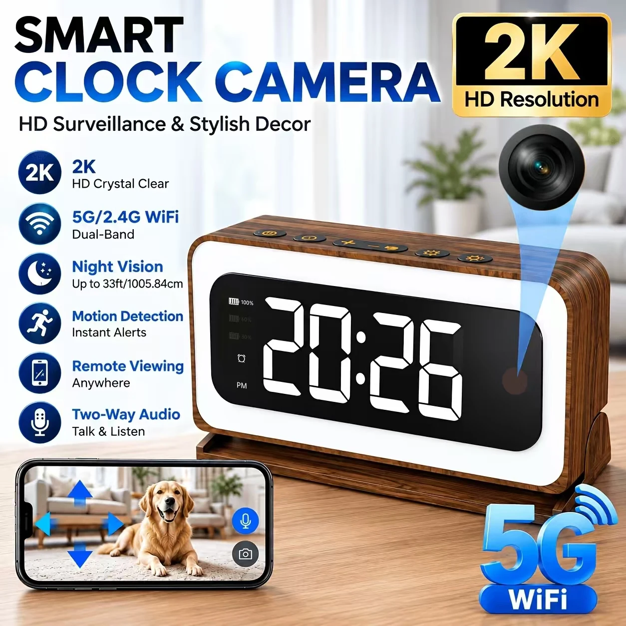 2K WiFi6 Clock Camera, Full Color Night Vision, Human Detect, 2-Way Audio, TF/Cloud Storage, 2.4G/5G Dual Band Wood