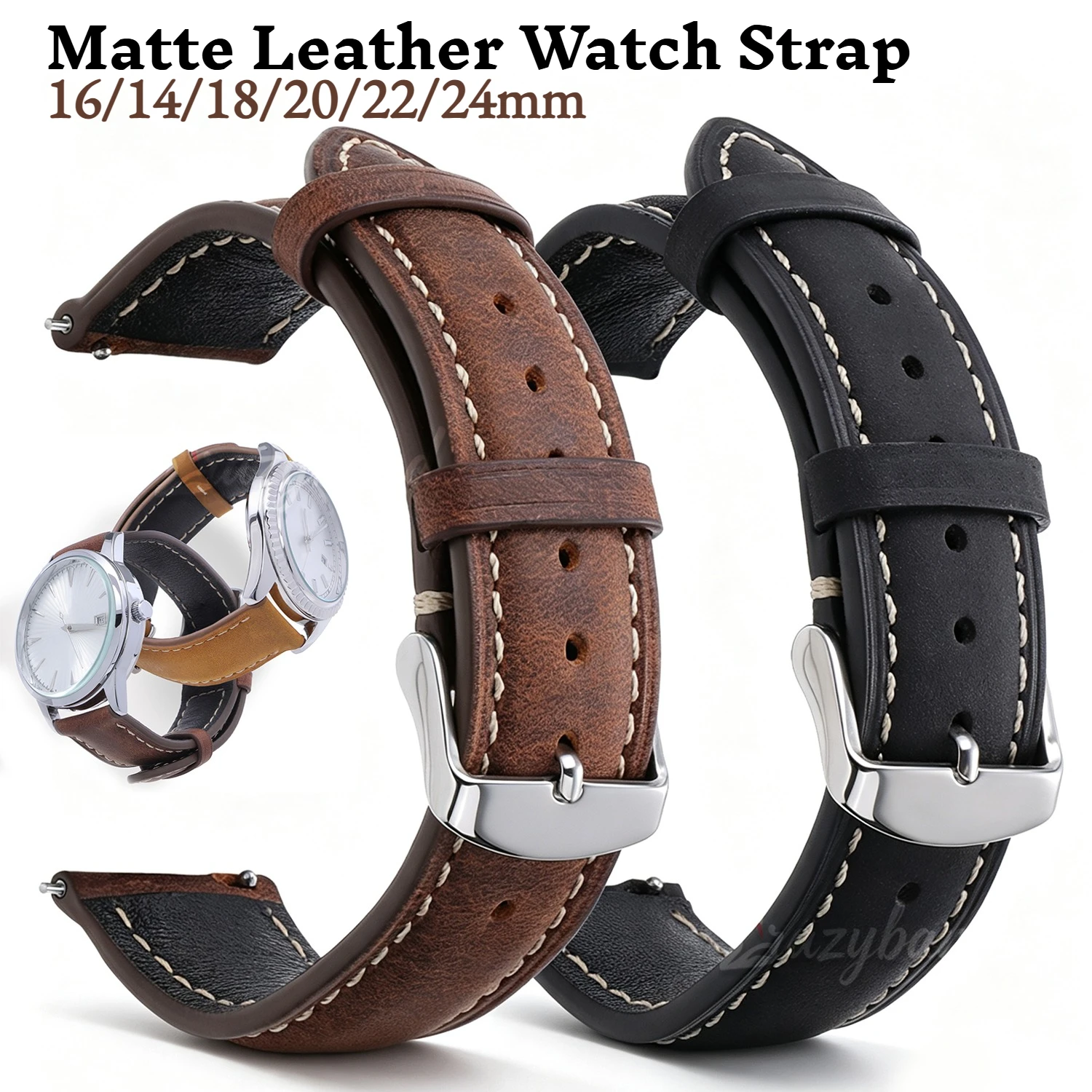Matte Leather Watch Strap 16mm 14mm 18mm20mm22mm24mm Band Handmade Vintage Genuine Replace Universal Soft Belt Watches Accessory