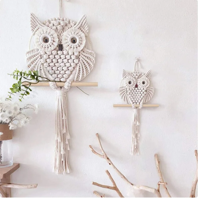 Woven Owl Macrame Room Decor Handmade Boho Hanging Home Decorations Children's Bedroom Wall Art Animal Pendant Nursery Ornament