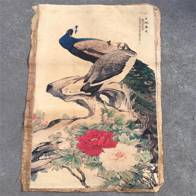 

China Old Scroll Painter's Rice Paper Wall Art Slice Liu Kuiling's Blossoming Fortune Peacock Picture Traditional Asian Decor
