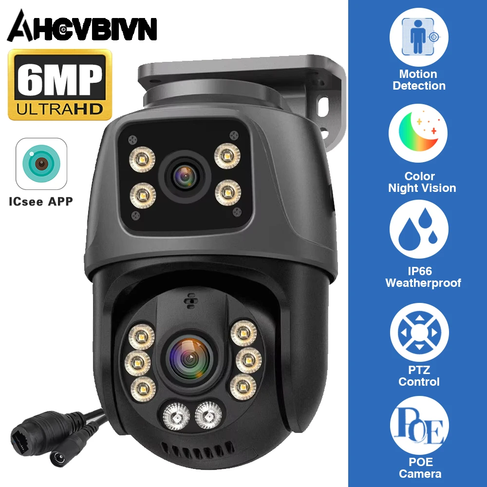 

6MP POE PTZ Dual Lens Dual Screen IP Camera CCTV Security Network Two-Way Audio Outdoor Video Surveillance For Nvr System Xmeye