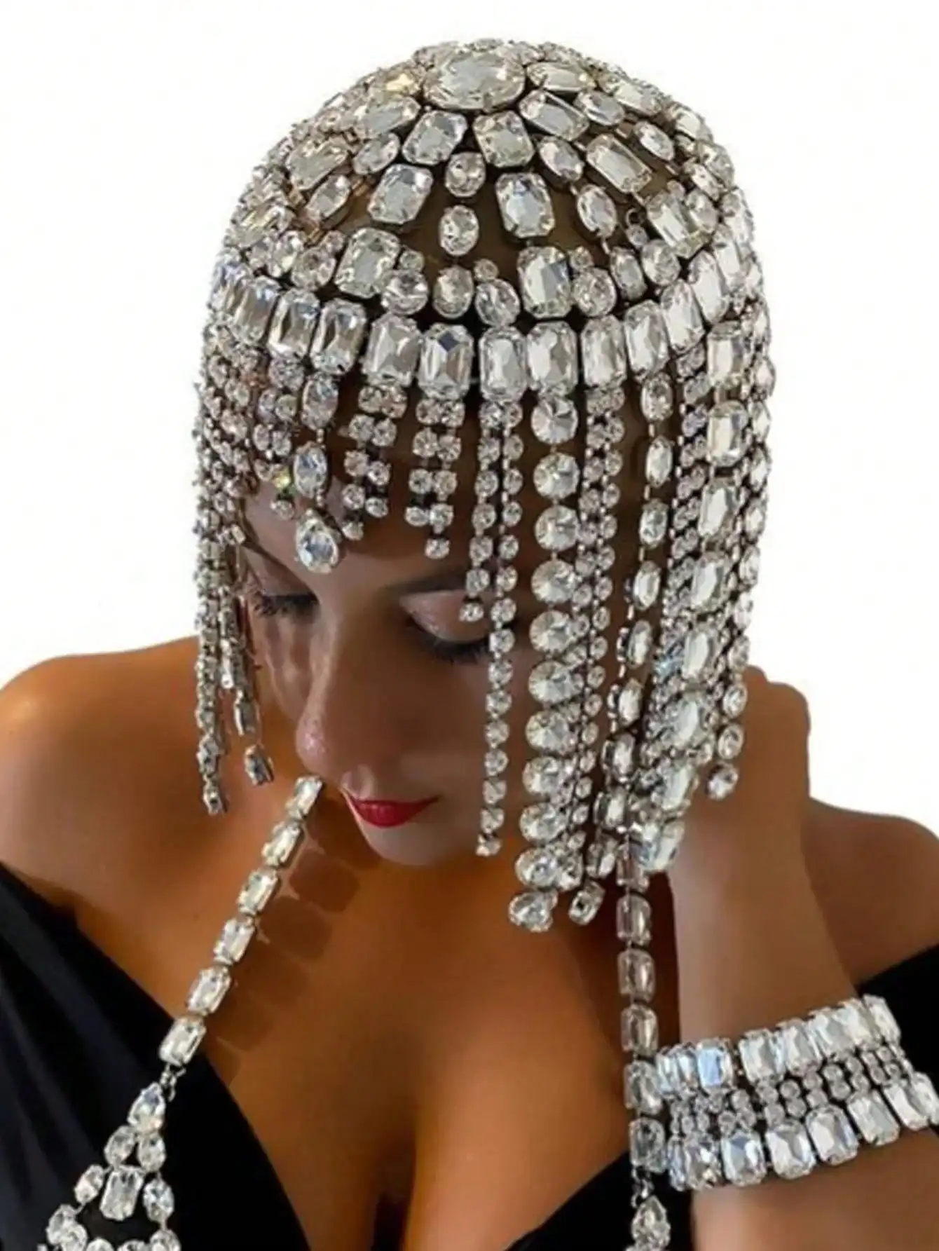Cross border fashion trend tassel headwear women's exaggerated rhinestone hair chain party stage runway accessories Hair chain
