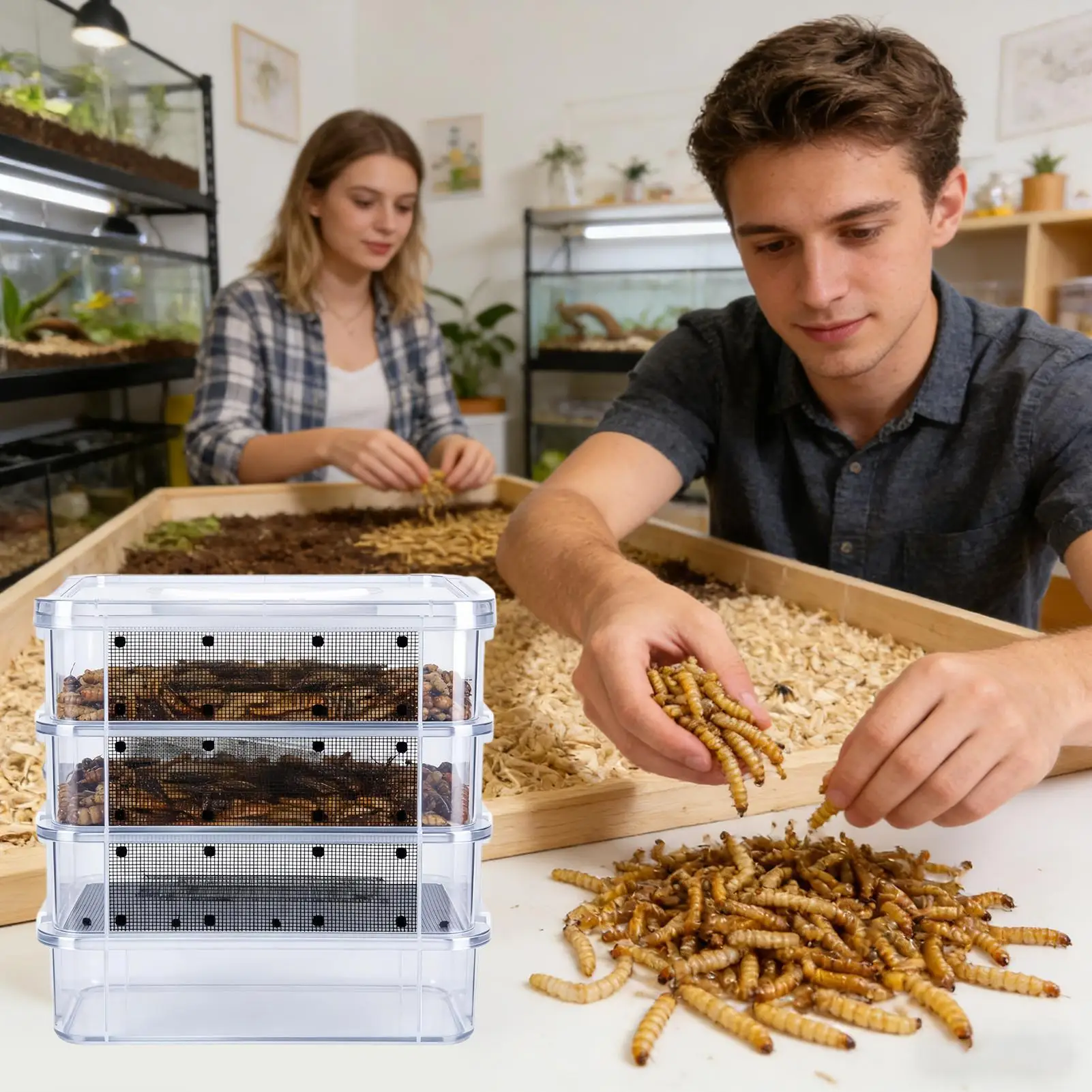 Mehlwurm-Zuchtset 4-Schichtiger Transparenter Netzbehälter Futterautomat Insekten-Hochleistungs-Separator-Werkzeugset Reptilien-Leckerli – Detail 7