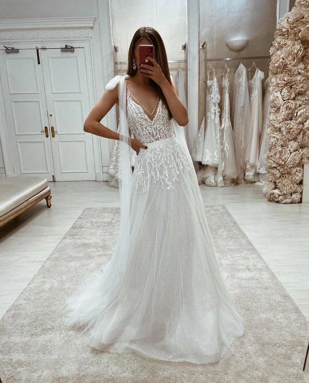 Sevintage Boho Shinny Tulle abiti da sposa scollo a v Appliques di pizzo cinghie di prua abiti da sposa A-Line abito da sposa taglie forti 2022