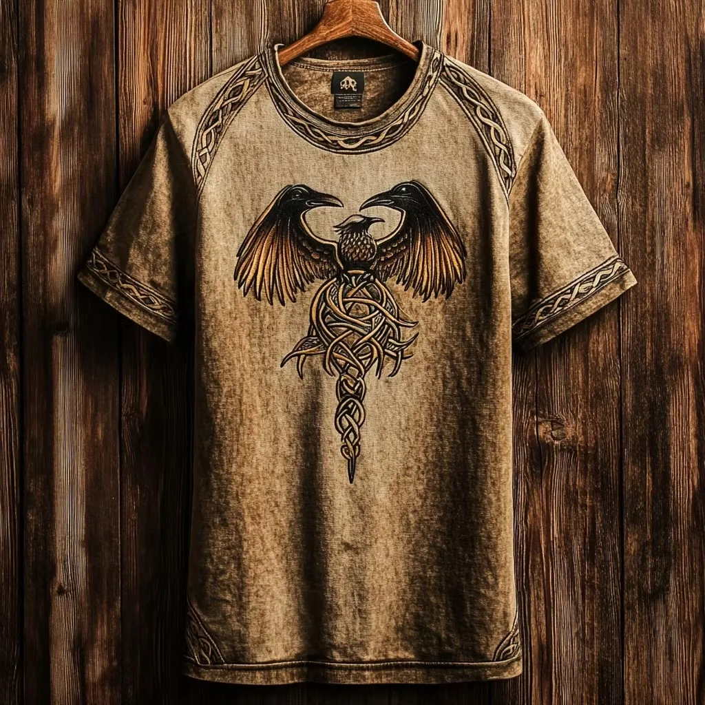 Men's Summer Retro Raven-Print T-Shirt Tribal T-Shirt Fashionable Casual Harajuku-Style T-Shirt Men's Short-Sleeve Top