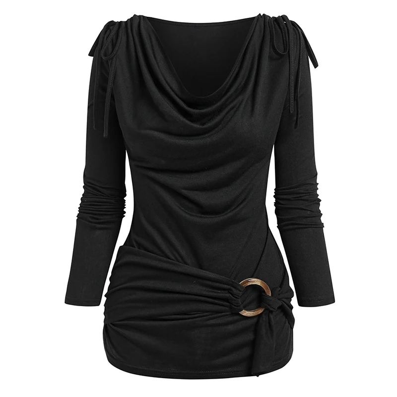 

Womens Black Shirts Tops Plain Cinched Cowl Neck Draped Long Sleeves O Ring T Shirt 2024 New Tee