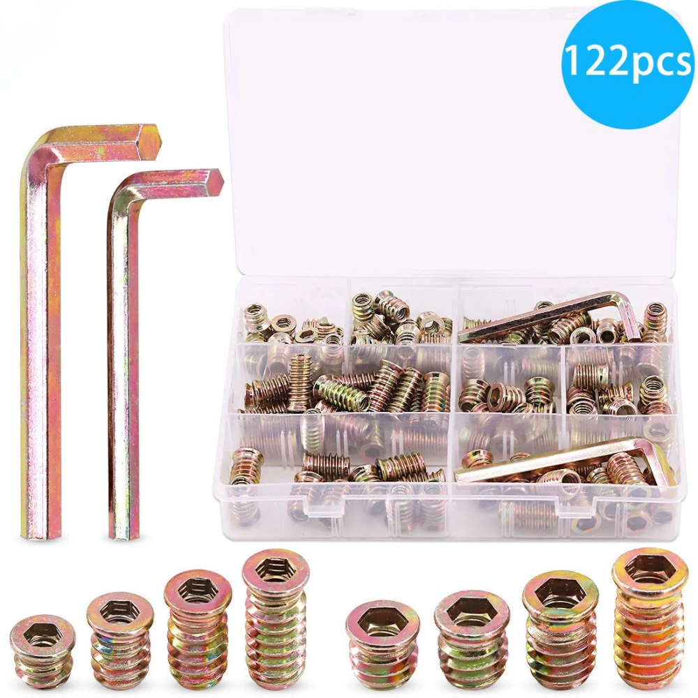 

122PCS Color-coated Zinc-plated Internal External Thread Nuts Furniture Embedded Nuts Furniture Nuts with Allen Wrench M6 M8
