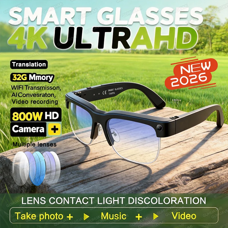 

New AI Smart Glasses with 800W Camera Anti-Blue Light Glasses Shoot Video Take Photo Translation Music Call Earphones Sunglasses