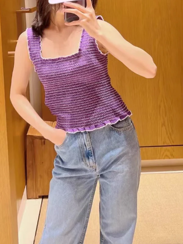 

Вязаный жилет Quali с фиолетовой кружевной отделкой и полосками, укороченный топ для молодых женщин, для повседневной носки, DBNY