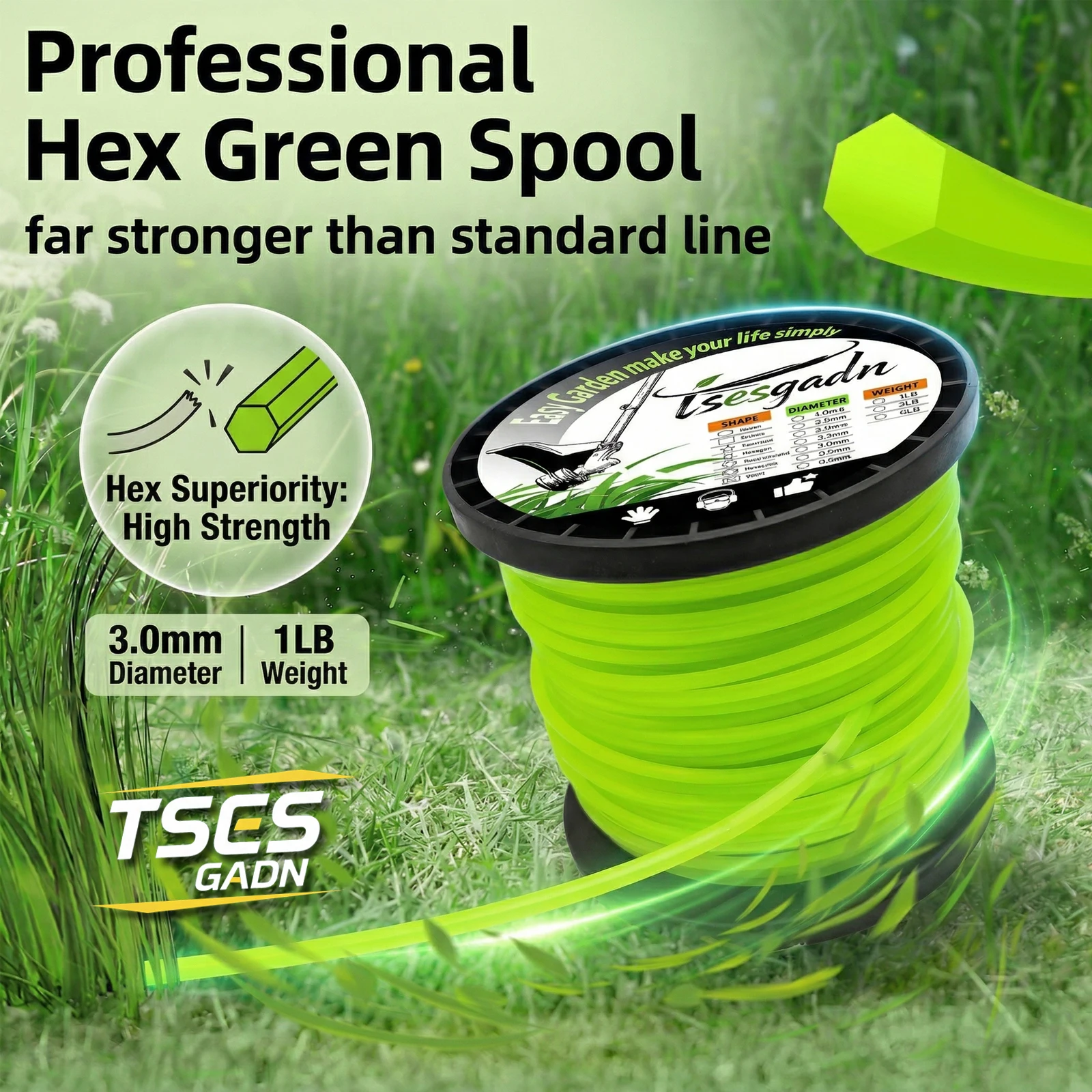 TSES 1LB Nylon Trimmer Line 3.0mm, Professional Heavy Duty String Trimmer Line, Weed Eater/Strimmer/Whipper Snipper
