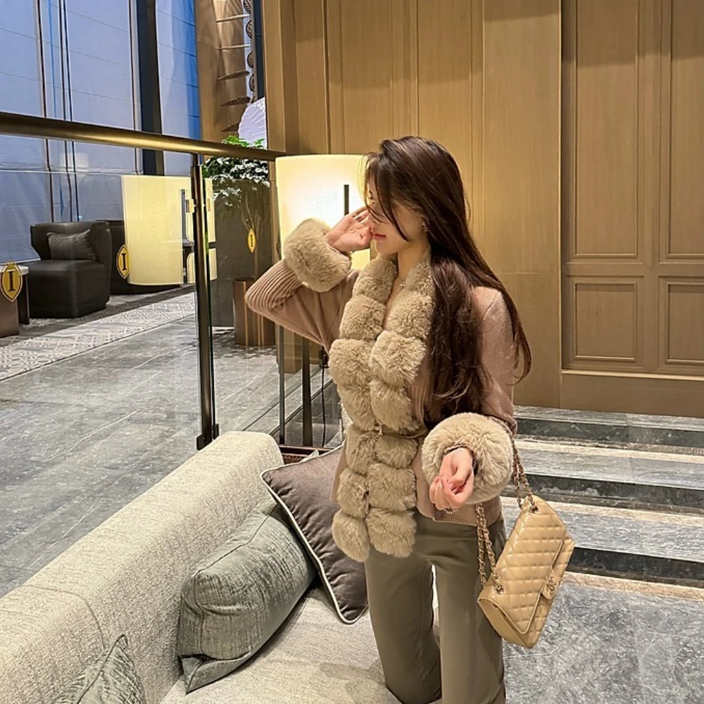 フェイクファーコートカーディガン取り外し可能な襟ニット女性用ファーコート人工毛皮パッチワークニットセーター秋カーディガン