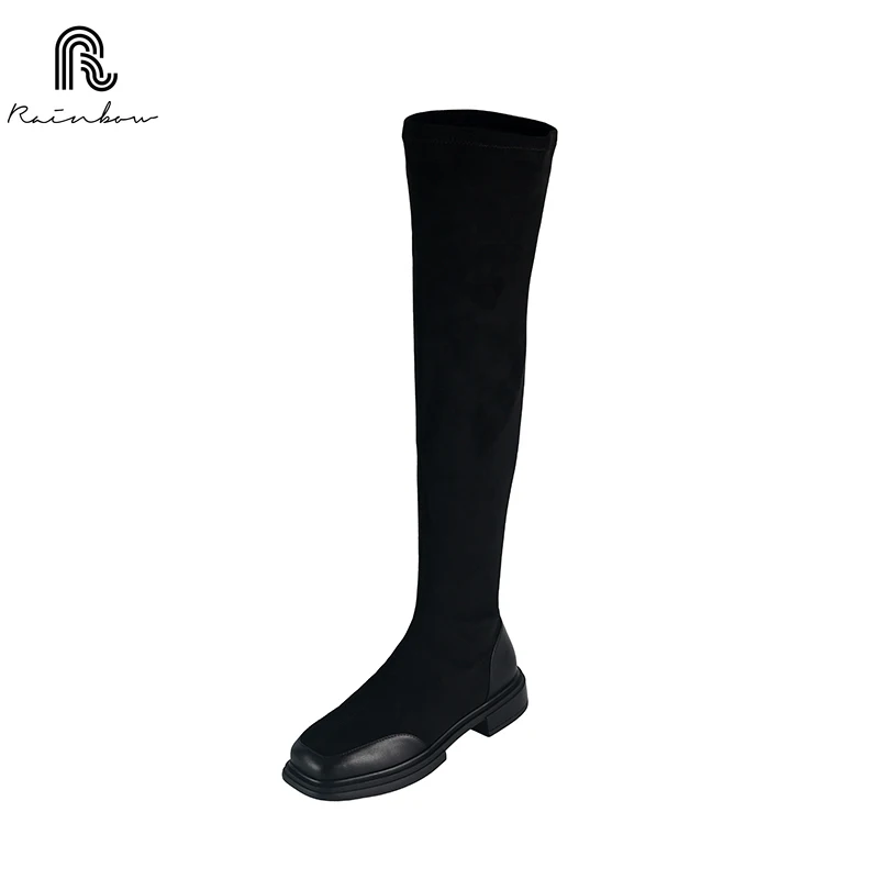 Botas por encima de la rodilla para mujer, zapatos de tacón alto de cuero auténtico, botas altas hasta el muslo, vestido elástico, moda Sexy, talla 34-39