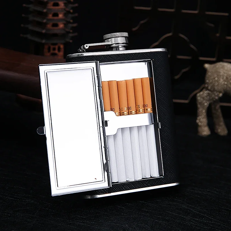 flask with cigarette holder Integrating Cigarette Box Hip Flask 6oz Whiskey Wine Bottle Stainless Steel  Alcohol Bottle with Smoking Holder
