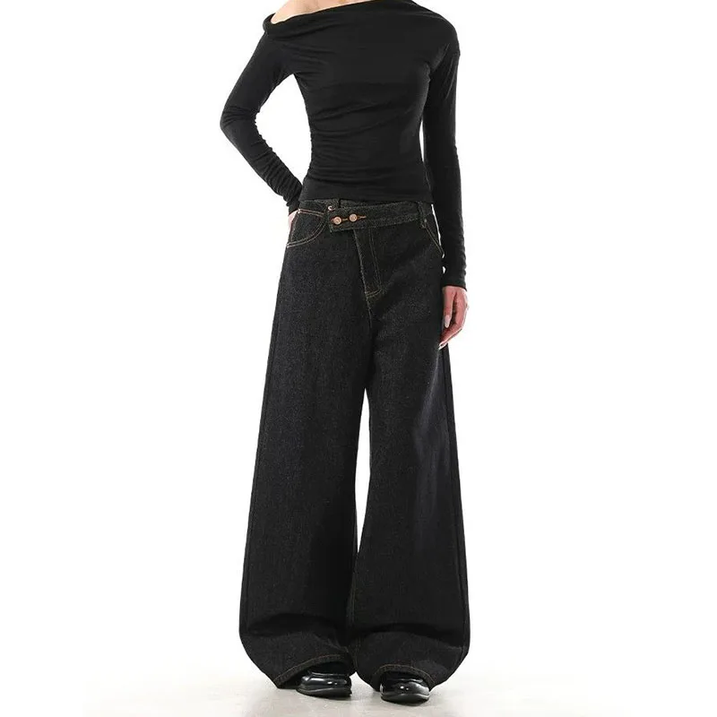 Women High‑Street Asymmetrical Offset‑Placket Jeans Lady Daily Lazy‑Vibe Loose‑fit Straight‑Leg Denim Long Trousers